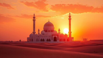 Majestic Mosque at Sunset in the Desert: A breathtaking view of Islamic architecture against a vibrant, fiery sky.