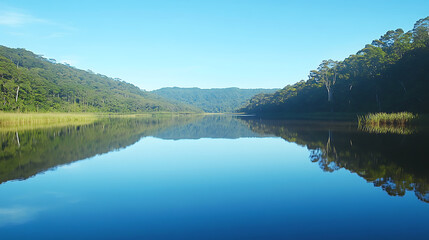 Naklejka premium calm lake reflecting the clear blue sky, surrounded by lush green forests