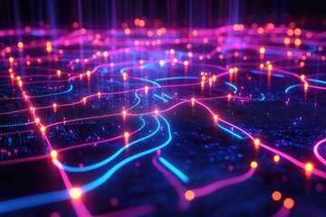 Map with vibrant, glowing data points connected by neon lines
