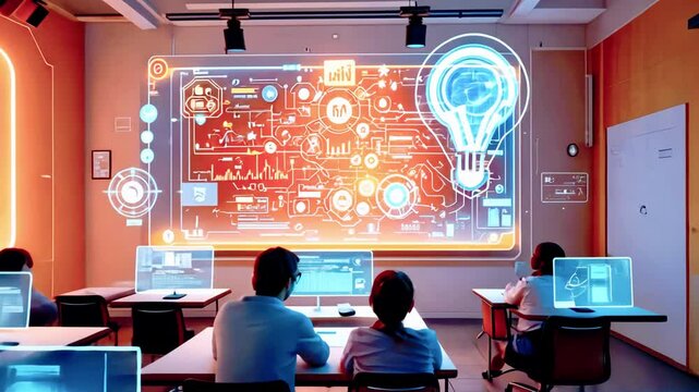 Students engaged in a high-tech classroom with digital displays and holographic interfaces