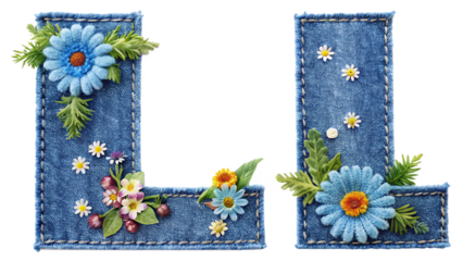 denim letter L with gentle flowers on with white background PNG