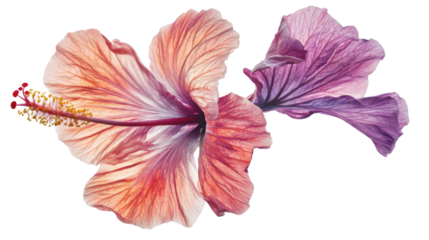Two hibiscus flowers showing veins and pistil on transparent background