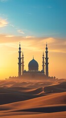 Experience the serene beauty of a minimalist mosque silhouette with elegant domes and minarets, set against a clear blue sky and golden desert dunes. The composition offers ample space for text