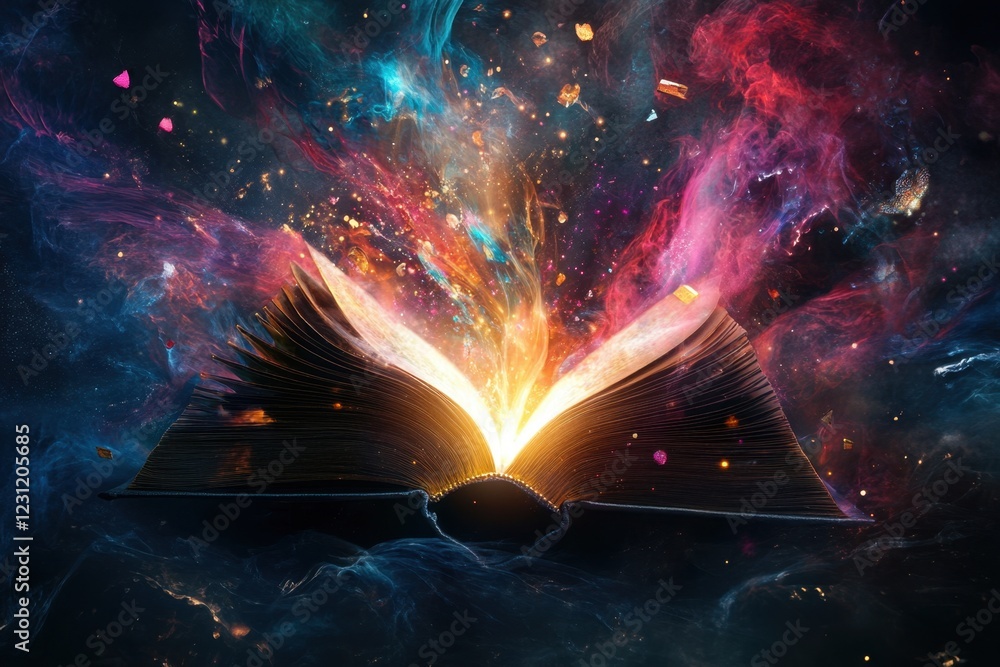 Poster a book is open to a page with a colorful explosion of light and fire