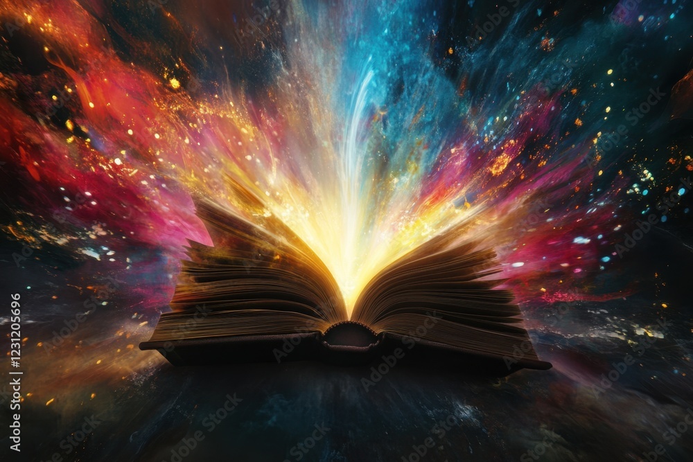 Poster a book is open to a page with a colorful explosion in the background