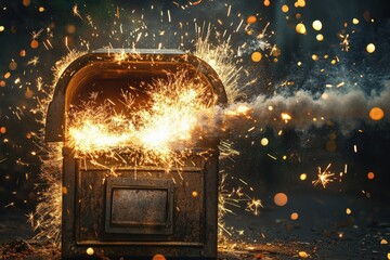A box is on fire and the sparks are flying out of it
