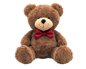 Obraz premium classic brown teddy bear with red bow tie, perfect for gifts and cuddles. This adorable plush toy brings joy and comfort to children and adults alike