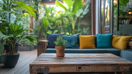 Relaxing Patio with Lush Greenery and Colorful Pillows