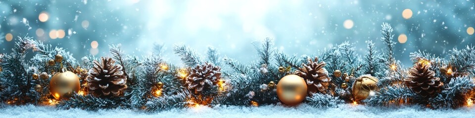 Snowy Winter Christmas Garland with Pine Cones and Gold Ornaments  Festive Holiday Decorat