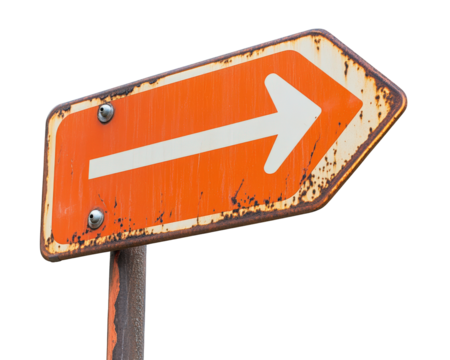 weathered orange detour sign with white arrow pointing right, indicating change in direction. sign shows signs of rust and wear, adding to its character