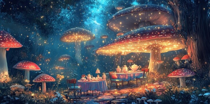 Enchanted Forest Tea Party Under Glowing Mushrooms