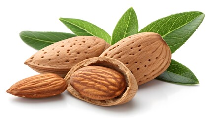 Close-Up Almonds with Textured Shells & Green Leaves – Macro V1