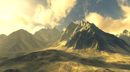 Fototapeta premium serene mountain landscape at sunrise, soft golden light illuminating the peaks