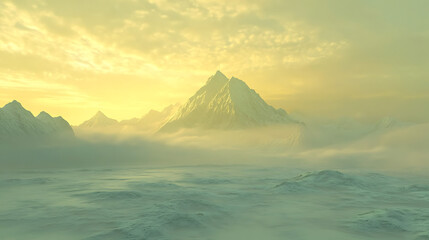Fototapeta premium serene mountain landscape at sunrise, soft golden light illuminating the peaks