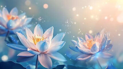 Dreamy glowing lotus flowers in soft blue light
