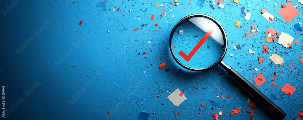 Leinwandbilder magnifying glass emphasizing approval check mark, crossedout icons, quality control in business proj
