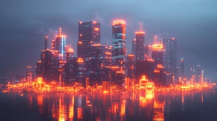 Obraz premium Futuristic Cityscape at Night with Neon Lights and Reflections