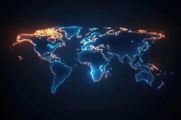 Minimalist world map outlined with glowing continent borders on a dark background