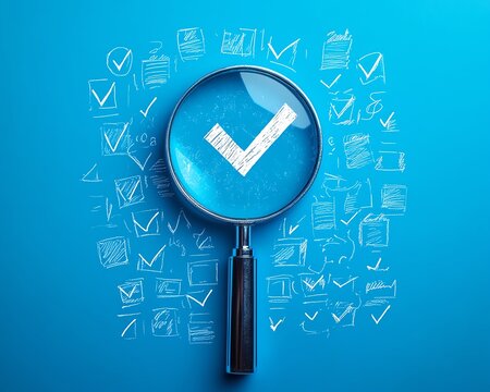 Quality control concept with magnifying glass focusing on a white check mark, crossedout icons, blue background, approval and disapproval marks in business proposal