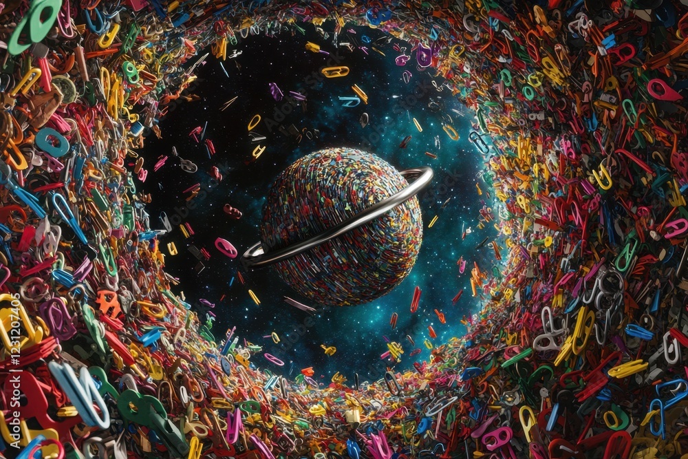 Poster a colorful planet with a ring around it is surrounded by a lot of keys