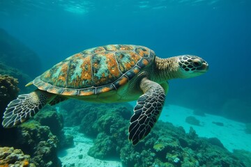 Obraz premium Green Sea Turtle Swimming Underwater Coral Reef