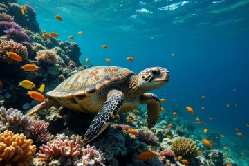 Fototapeta premium Sea Turtle Swimming Amongst Vibrant Coral Reef And Fish