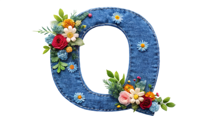 denim letter Q with gentle flowers on with white background PNG