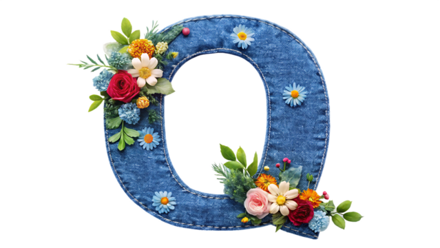 denim letter Q with gentle flowers on with white background PNG
