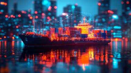 Obraz premium Cargo Ship at Night with City Lights Reflection