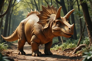 Fototapeta premium Triceratops Dinosaur Walking Forest Path