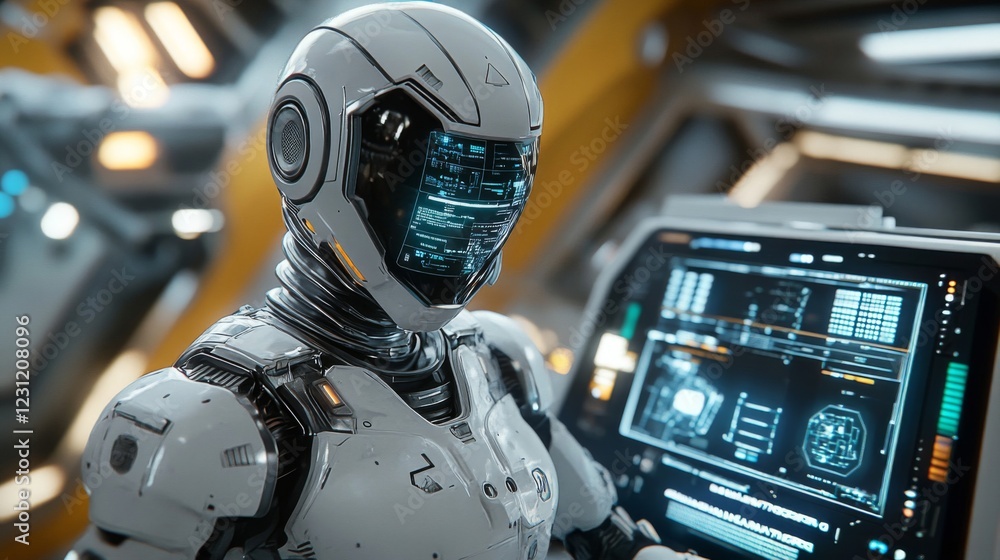Poster white futuristic robot at control panel in sci-fi setting