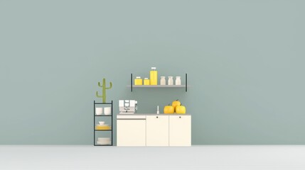 Modern kitchen with cactus and fruit display illustration