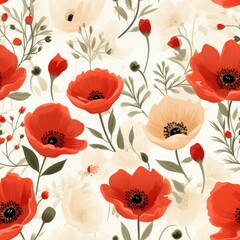 A seamless pattern featuring mini red poppies, seamless Pattern natural flow with a fresh and calming vibe colurfur 