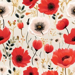 A seamless pattern featuring mini red poppies, seamless Pattern natural flow with a fresh and calming vibe colurfur