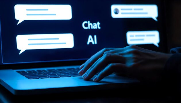 Hands typing on a laptop keyboard with a translucent interface displaying Chat AI and chat message bubbles created with generative ai