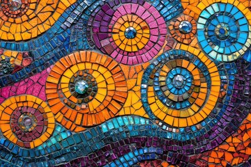 Mosaic patterns with tiny, colorful tiles, forming intricate, vibrant designs that are visually captivating and full of texture