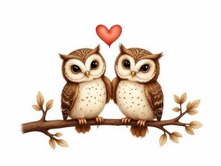Fototapeta premium Two Owls Perched on Branch Sharing a Heart
