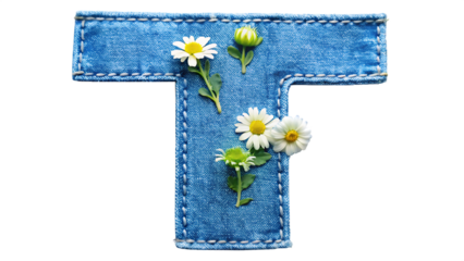 denim letter T with gentle flowers on with white background PNG