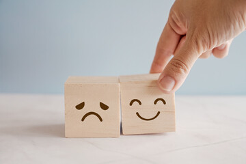 Hand choosing happy smile face wooden block, good feedback rating and positive customer review,...