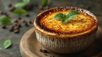 Creamy dessert in a rustic bowl garnished with mint leaves and coffee beans on a textured surface