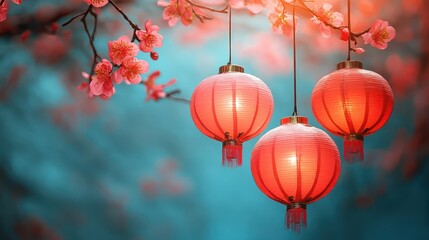 Serene Springtime: Red Lanterns Hanging Amongst Blooming Peach Blossoms