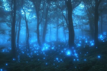 Mystical forest illuminated by bioluminescent plants, casting a magical glow at twilight, with mist swirling between ancient trees and soft light filtering through the canopy