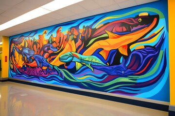 Vibrant Mural Depicts Aquatic Life and Indigenous Figures