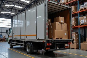 Delivery Truck Loading Cardboard Boxes Inside Warehouse