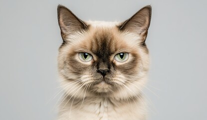 Grumpy Tan and Brown Cat Portrait Against Gray Background