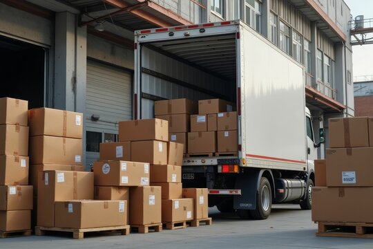 Cardboard boxes being loaded onto a delivery truck