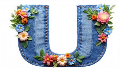 denim letter U with gentle flowers on with white background PNG