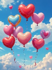  Heart-shaped balloons floating in a bright blue sky with clouds.