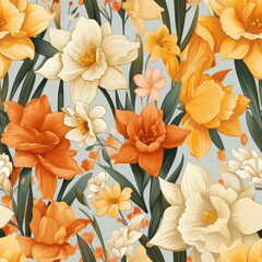 Seamless floral pattern featuring blooming daffodils, bright and elegant, with a smooth yellow-to-orange gradient backdrop, cheerful and warm 