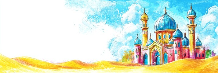 Obraz premium A vibrant crayon drawing of a colorful mosque with golden desert dunes, a blue sky, and fluffy clouds. Playful, childlike, and whimsical illustration.